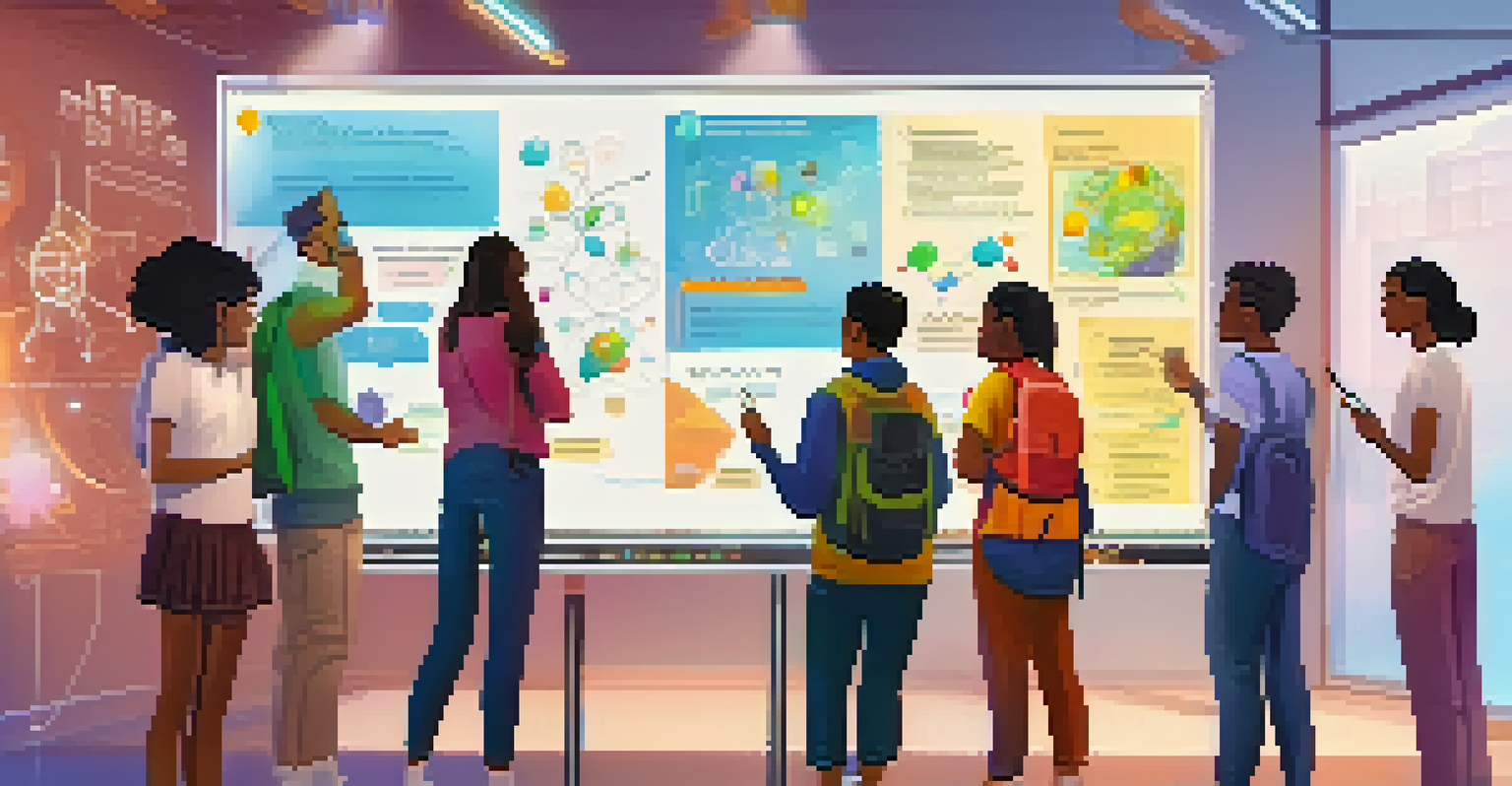 Diverse students collaborating around a virtual whiteboard, using augmented reality for a science project in a modern classroom.