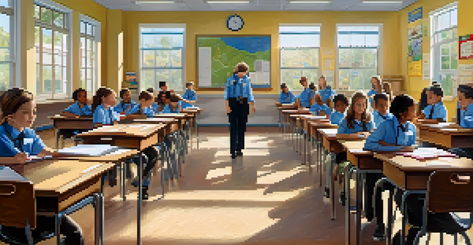 A classroom scene with students and teachers practicing emergency protocols during a crisis management drill, emphasizing teamwork and preparedness.