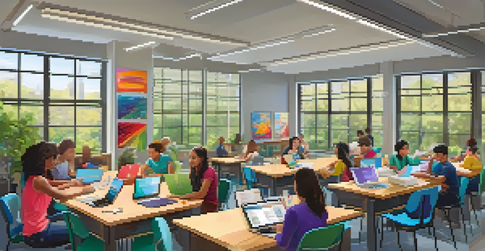 A diverse group of students collaborating in a bright classroom, surrounded by educational posters and a garden visible outside.