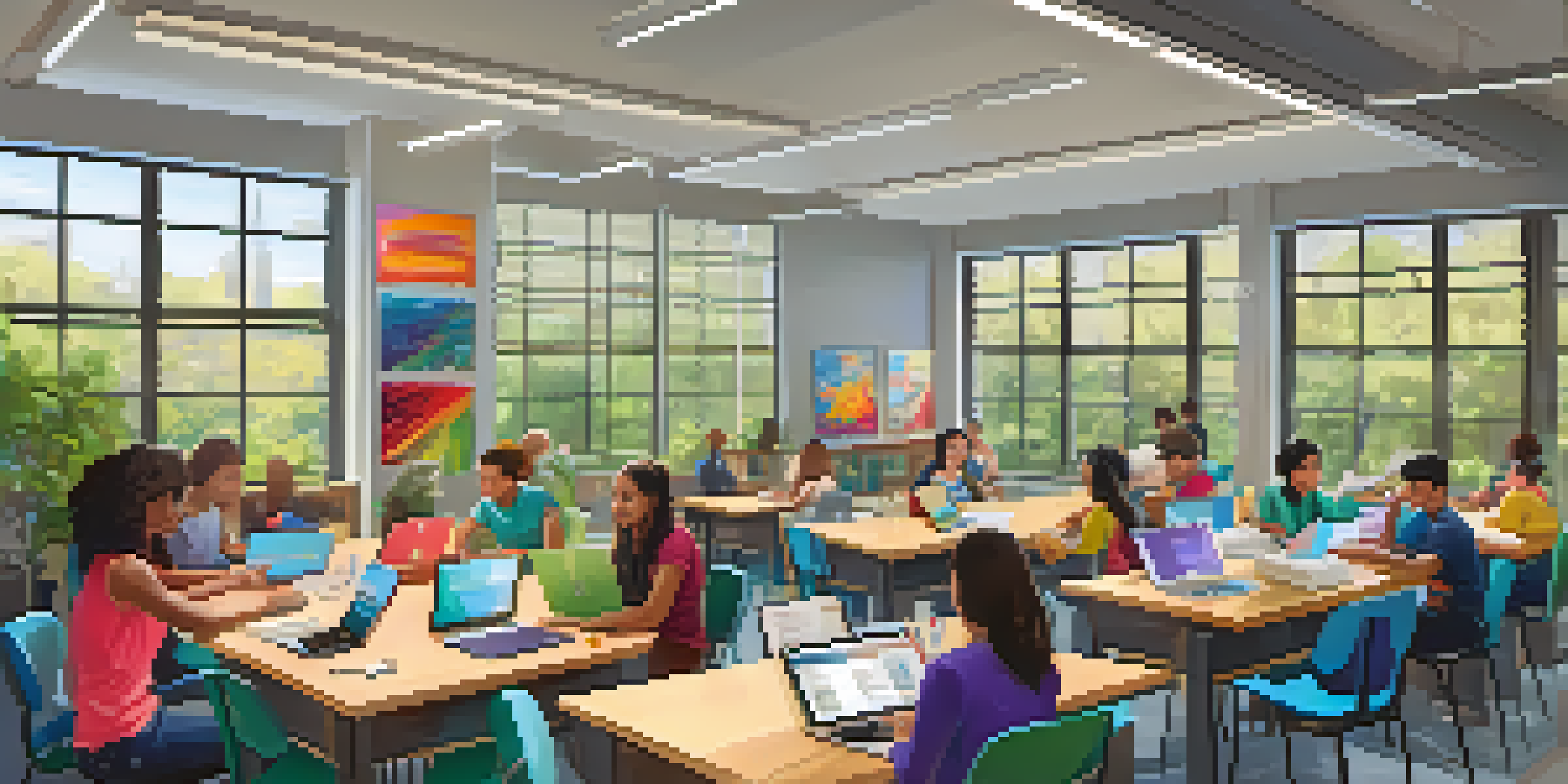 A diverse group of students collaborating in a bright classroom, surrounded by educational posters and a garden visible outside.