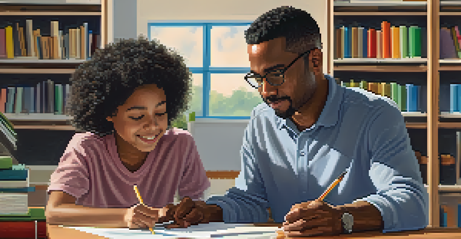 A teacher assisting a student at their desk in a well-organized classroom, showcasing a supportive interaction.