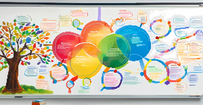 A colorful mind map on a whiteboard in a classroom, with branches and keywords radiating from a central idea, illuminated by sunlight.