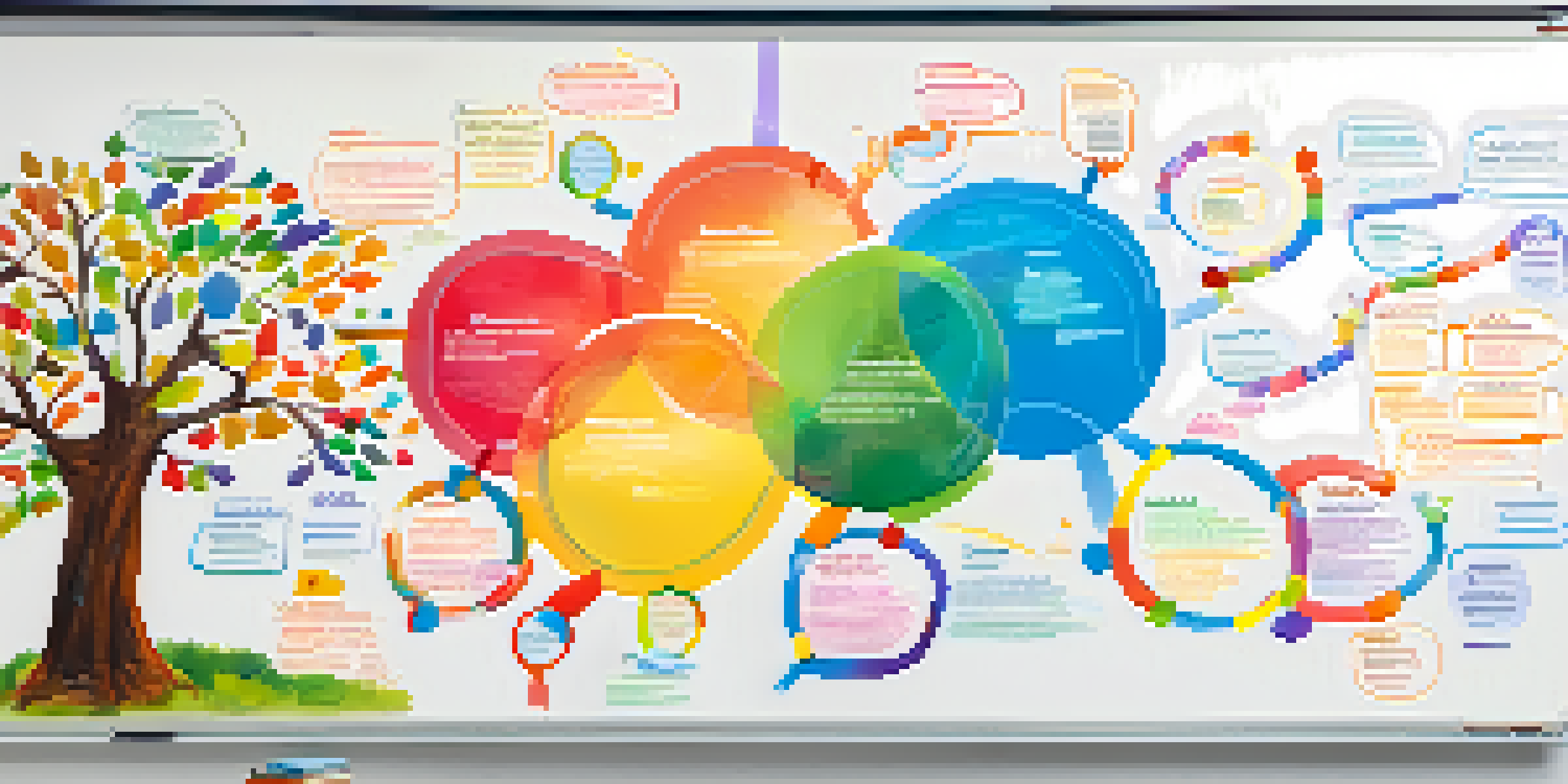 A colorful mind map on a whiteboard in a classroom, with branches and keywords radiating from a central idea, illuminated by sunlight.