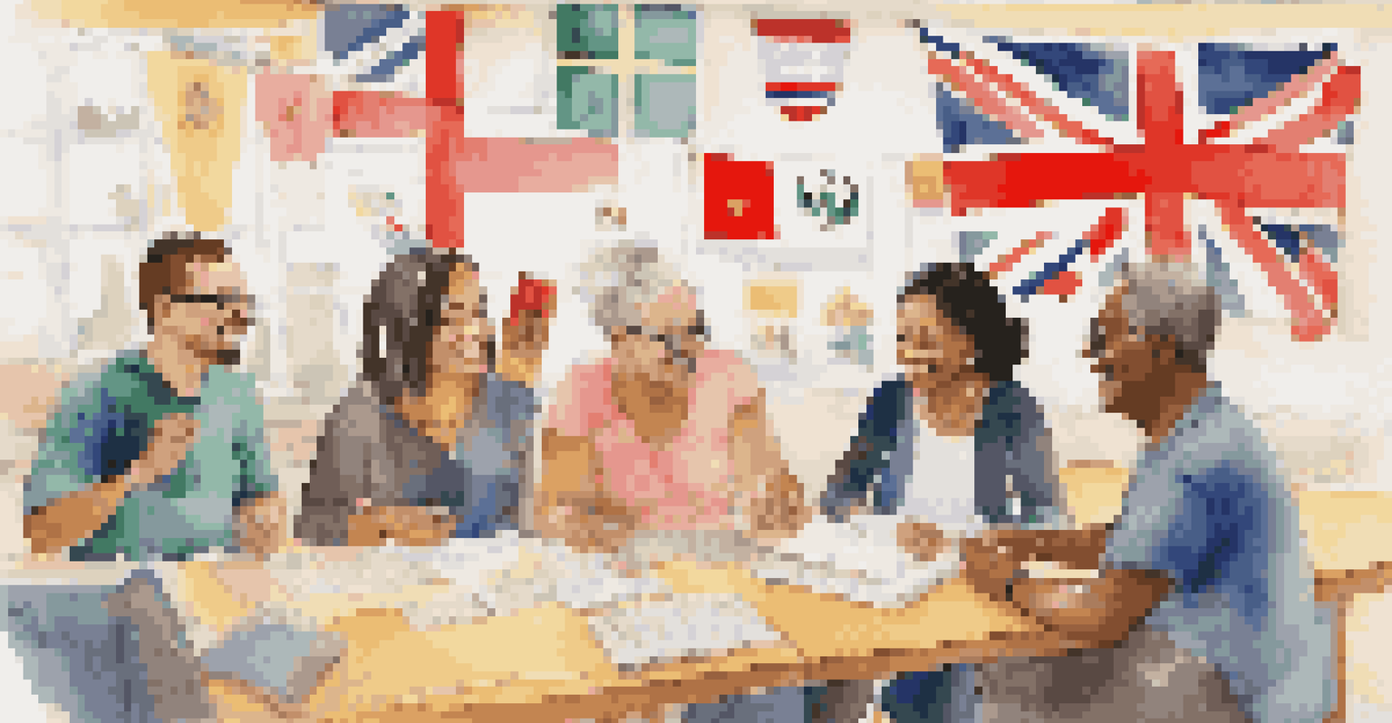 Adults in a language class sharing cultural stories and practicing language skills in a colorful classroom.