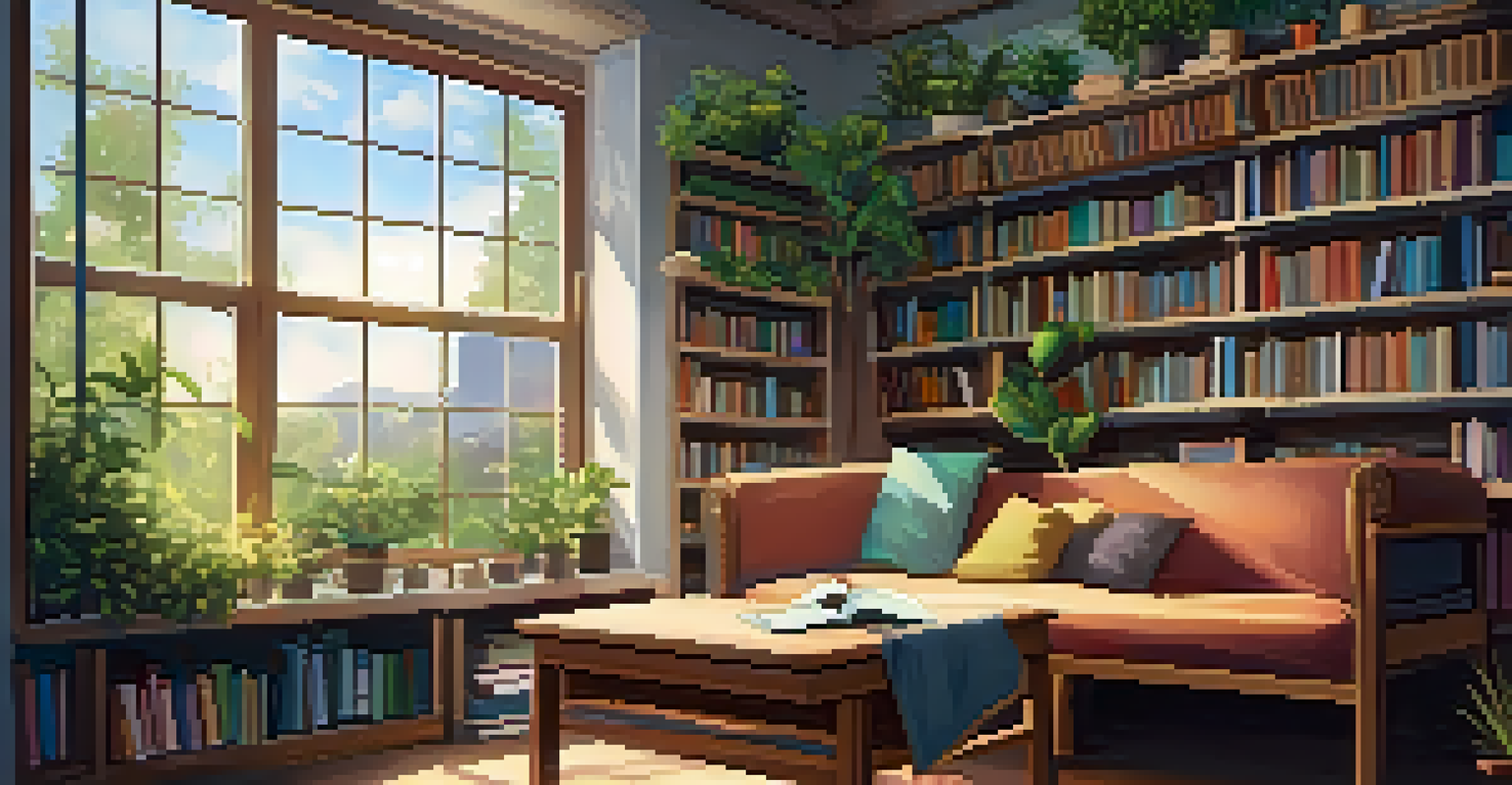 A serene reading nook in a classroom with sunlight, comfortable cushions, and a student engrossed in a book, surrounded by plants.