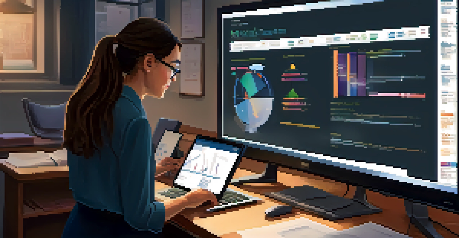 A teacher reviewing real-time assessment data on a digital screen in a warmly lit classroom.