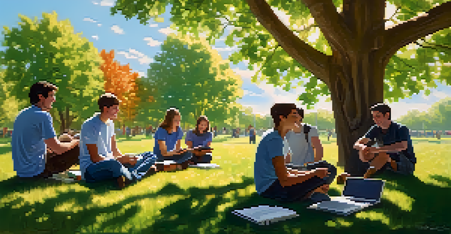 A group of students sitting under a tree, engaged in discussions with devices, surrounded by nature.