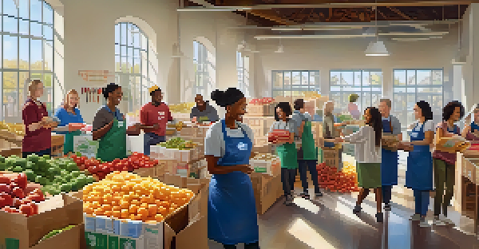 A group of adult learners volunteering at a food bank, sorting food items together in a bright and cheerful environment.