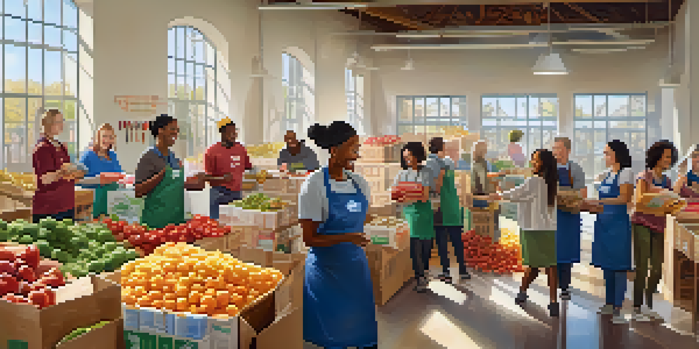 A group of adult learners volunteering at a food bank, sorting food items together in a bright and cheerful environment.
