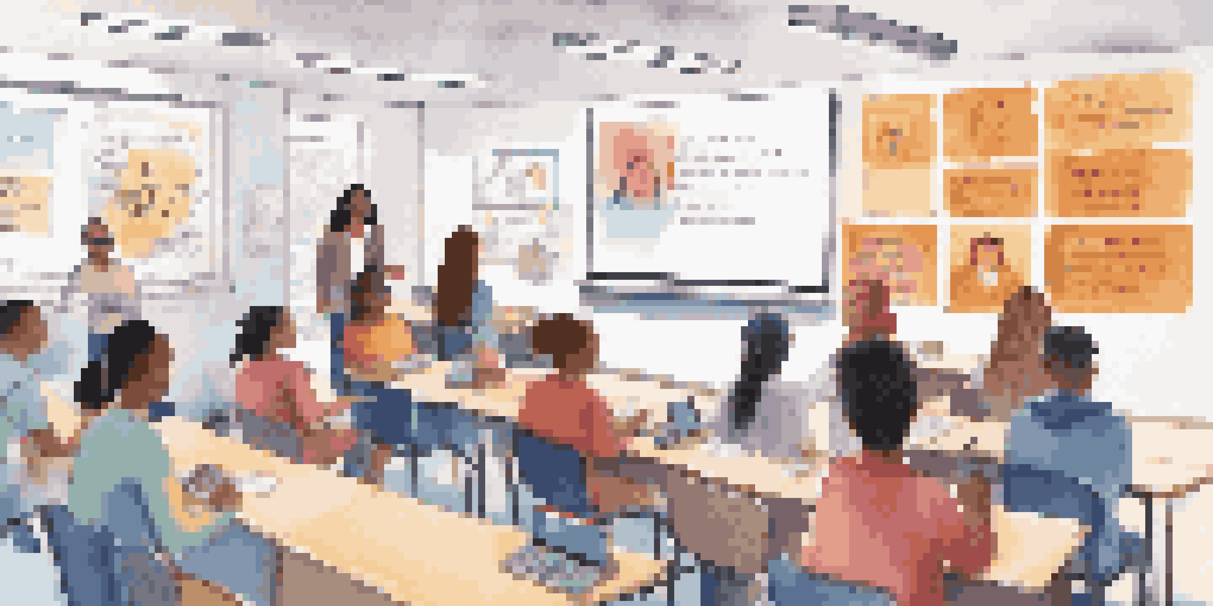A vibrant classroom with students learning about digital rights, engaging with a teacher at the front presenting information on a screen.