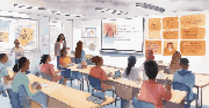 A vibrant classroom with students learning about digital rights, engaging with a teacher at the front presenting information on a screen.