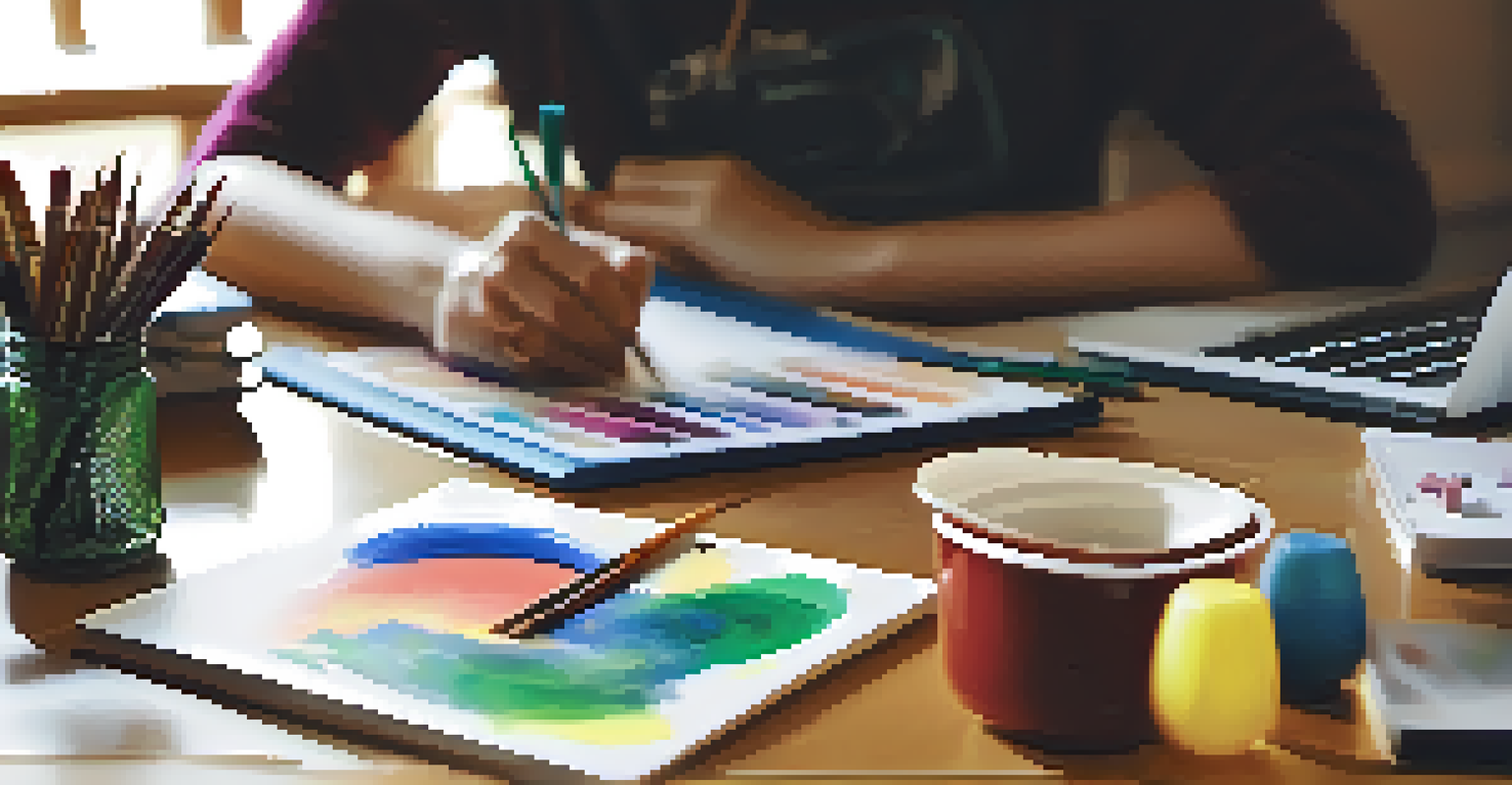 A teacher's hands giving feedback on a student's project, surrounded by art supplies and a laptop with digital feedback visible.