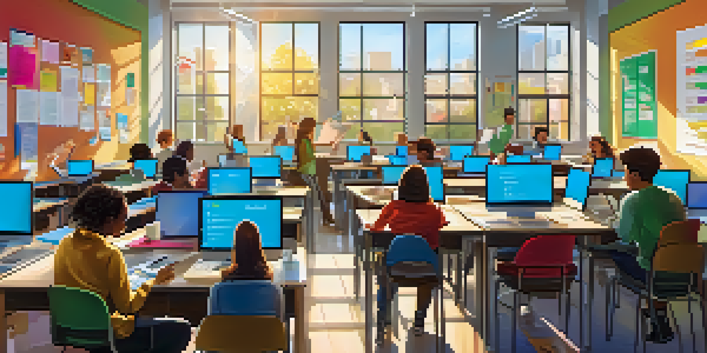 A lively classroom where students are using laptops to collaborate on projects, with a teacher assisting them.