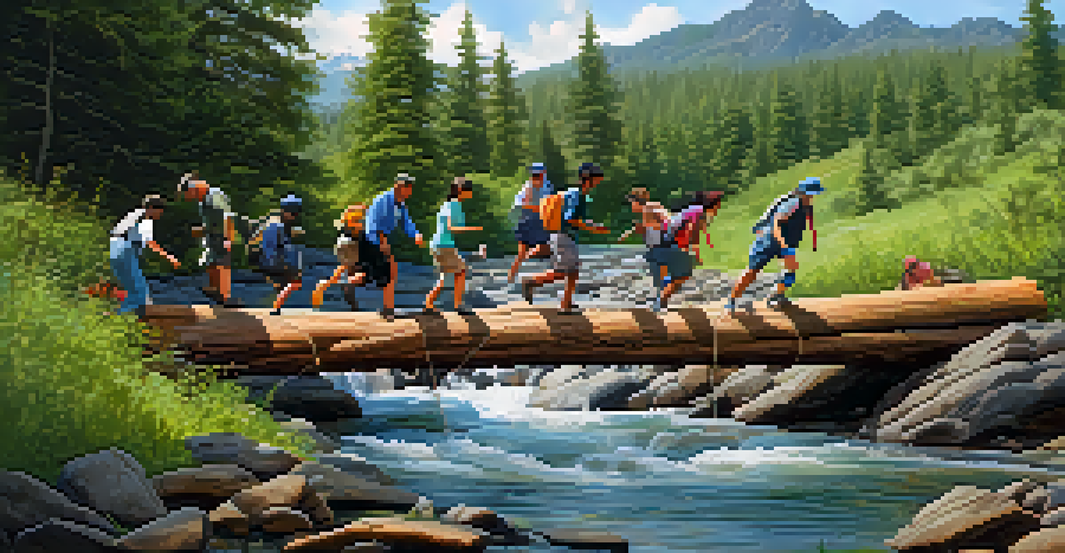 A group of people crossing a small river on a makeshift bridge, demonstrating teamwork and problem-solving.