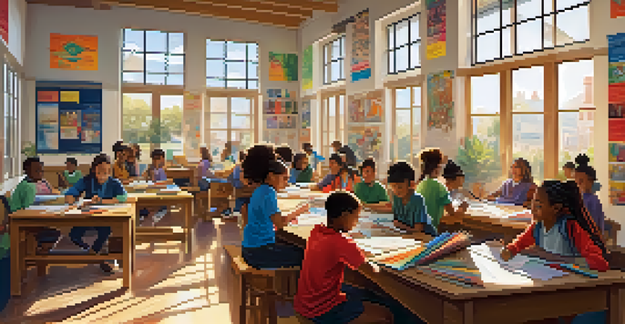 A bright classroom with diverse students working together on a project, filled with colorful educational materials and sunlight.