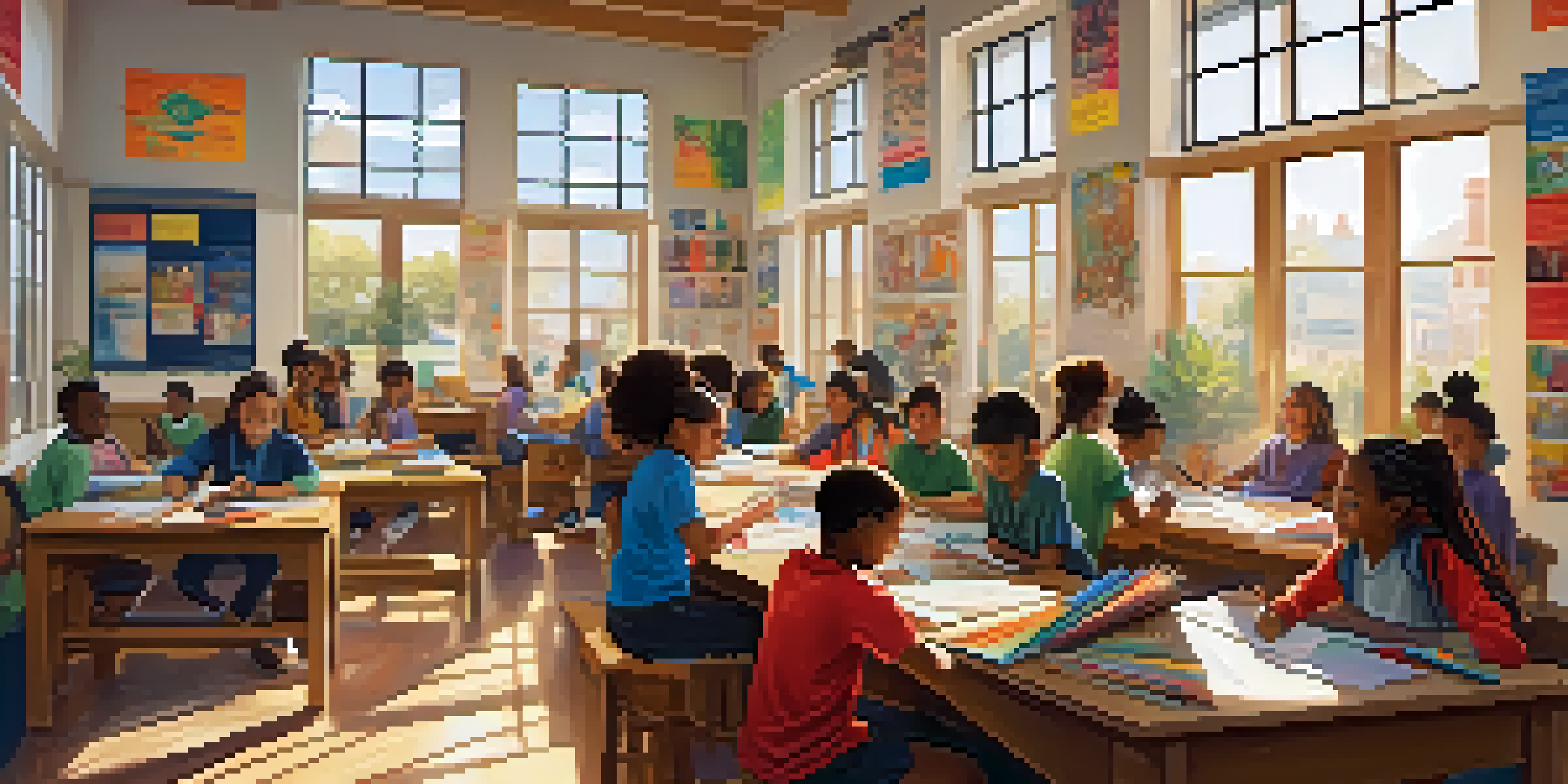 A bright classroom with diverse students working together on a project, filled with colorful educational materials and sunlight.