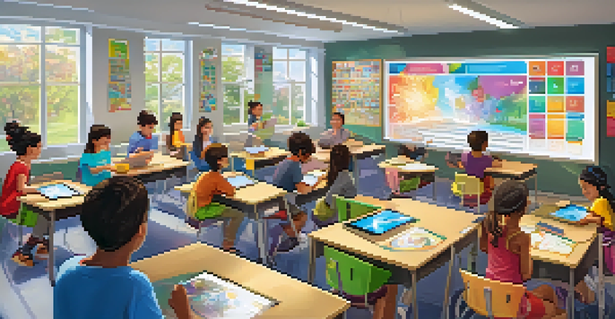 A lively classroom scene with students using tablets and smartboards, bright sunlight illuminating the room.