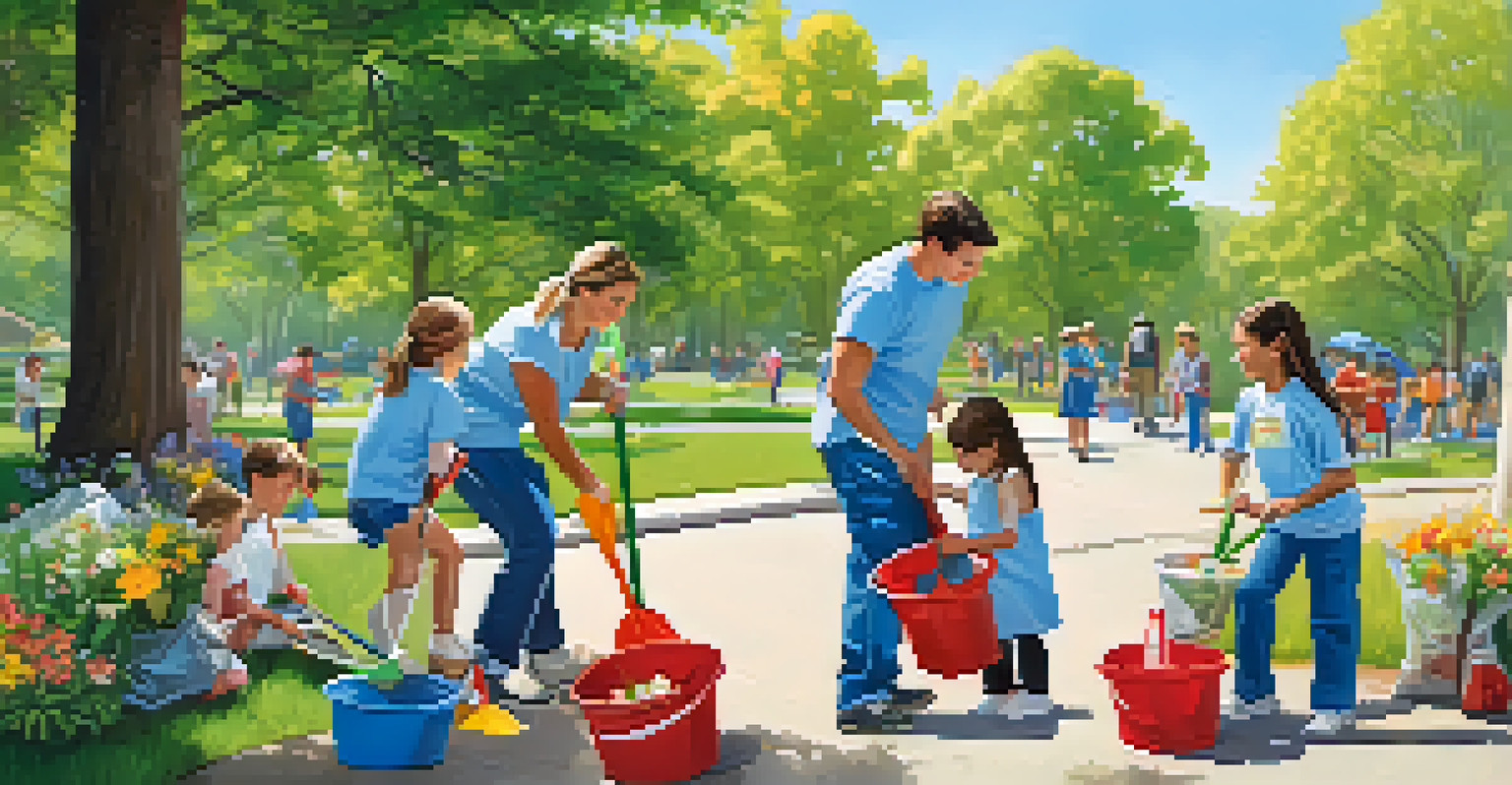 A family engaged in a community clean-up in a park, picking up litter and sorting recyclables together.