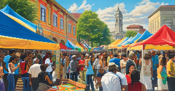 A lively multicultural art festival with diverse artists showcasing their works and visitors engaging in conversations under warm sunlight.