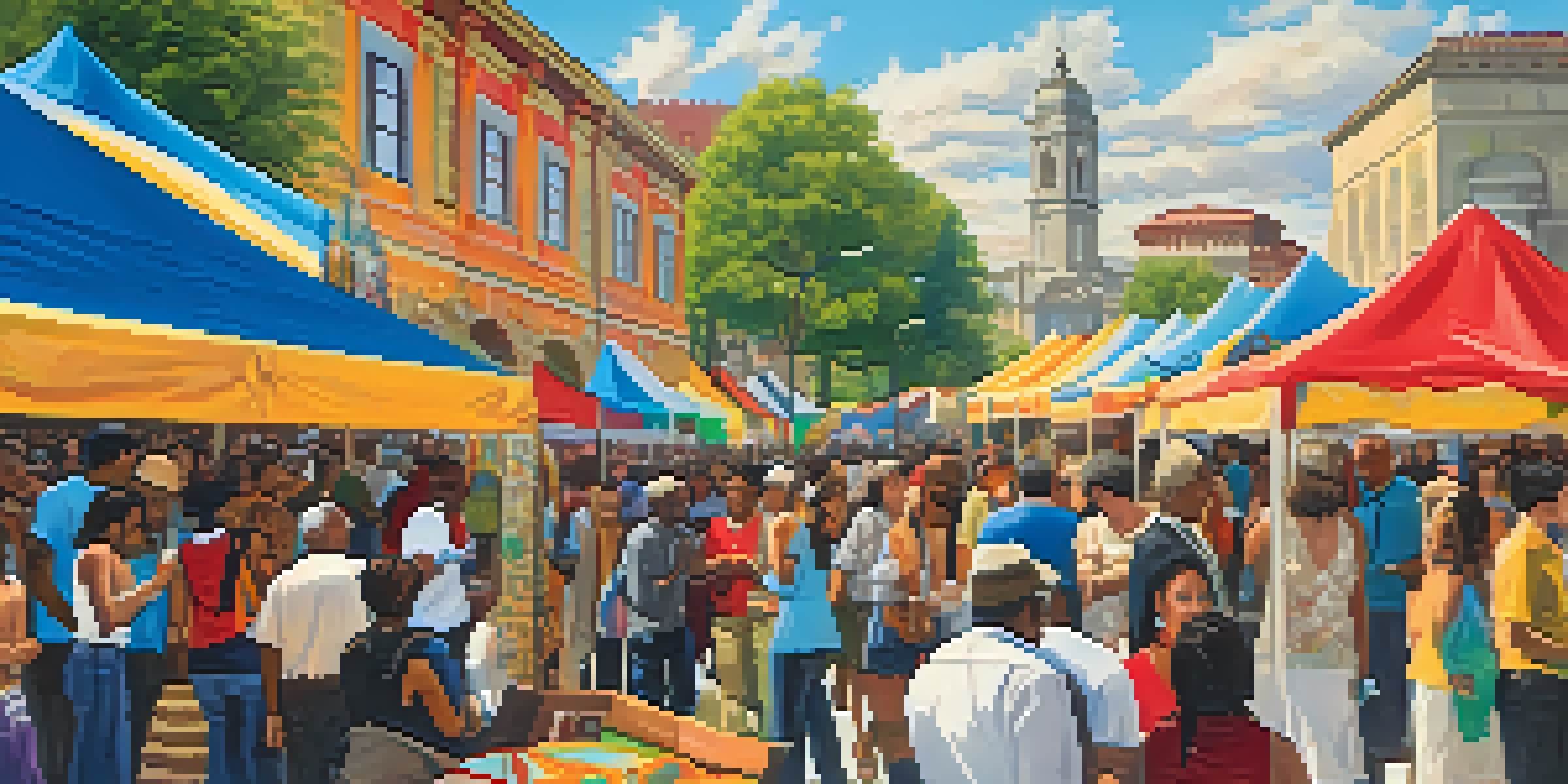 A lively multicultural art festival with diverse artists showcasing their works and visitors engaging in conversations under warm sunlight.