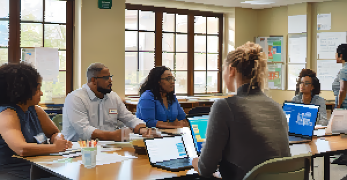 A group of diverse school staff engaged in a training session, discussing crisis communication strategies in a classroom setting.
