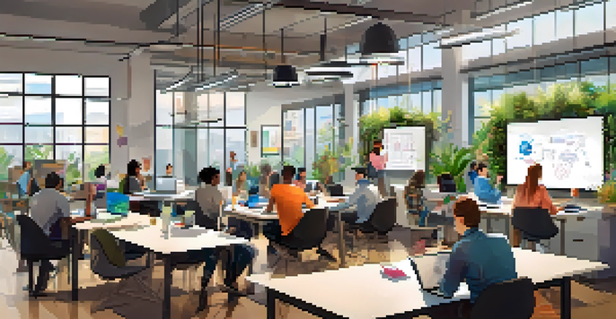 A lively modern workspace where diverse individuals are collaborating and sharing ideas over laptops and notebooks, with bright natural light and colorful plants around.