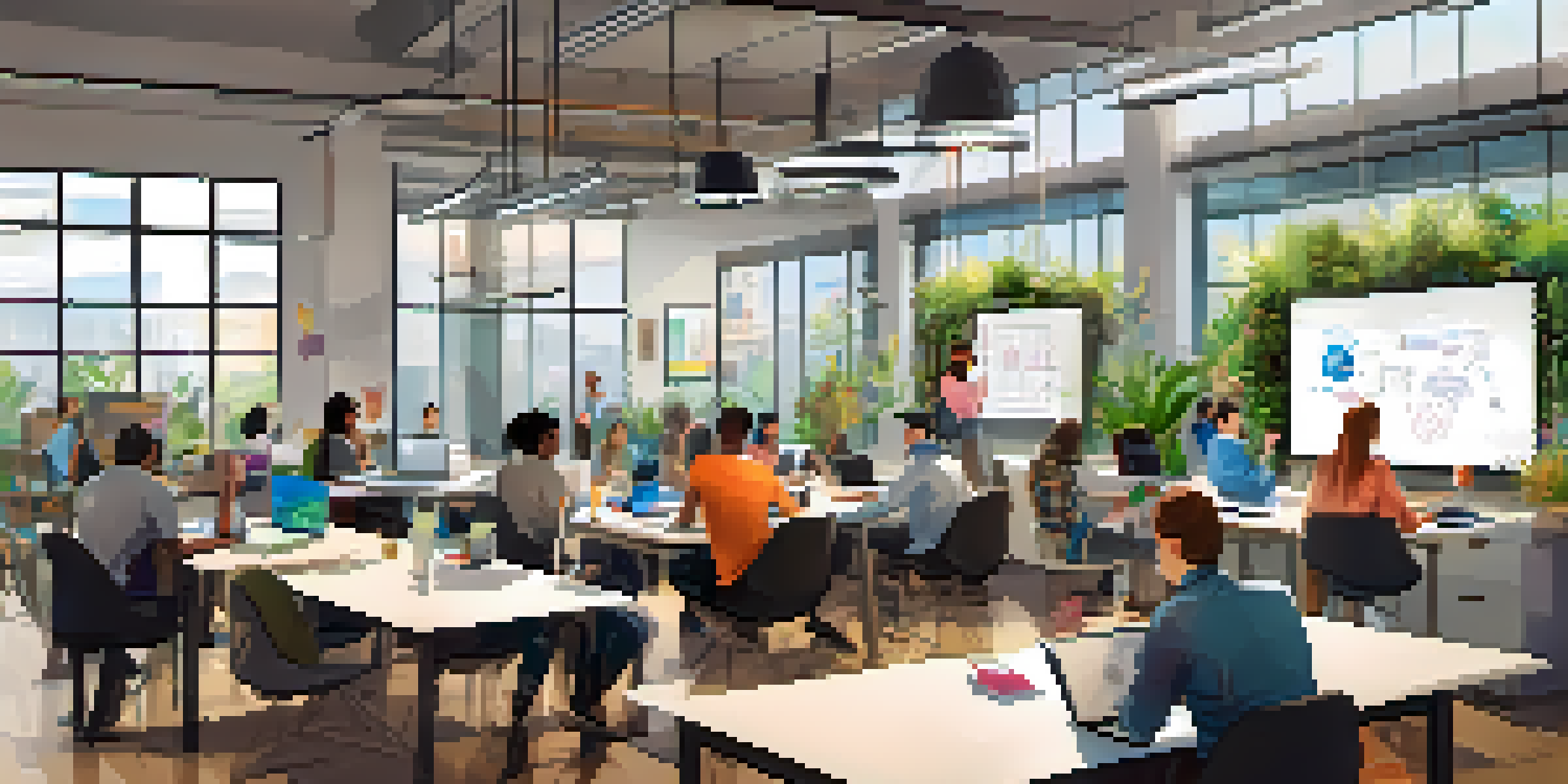 A lively modern workspace where diverse individuals are collaborating and sharing ideas over laptops and notebooks, with bright natural light and colorful plants around.