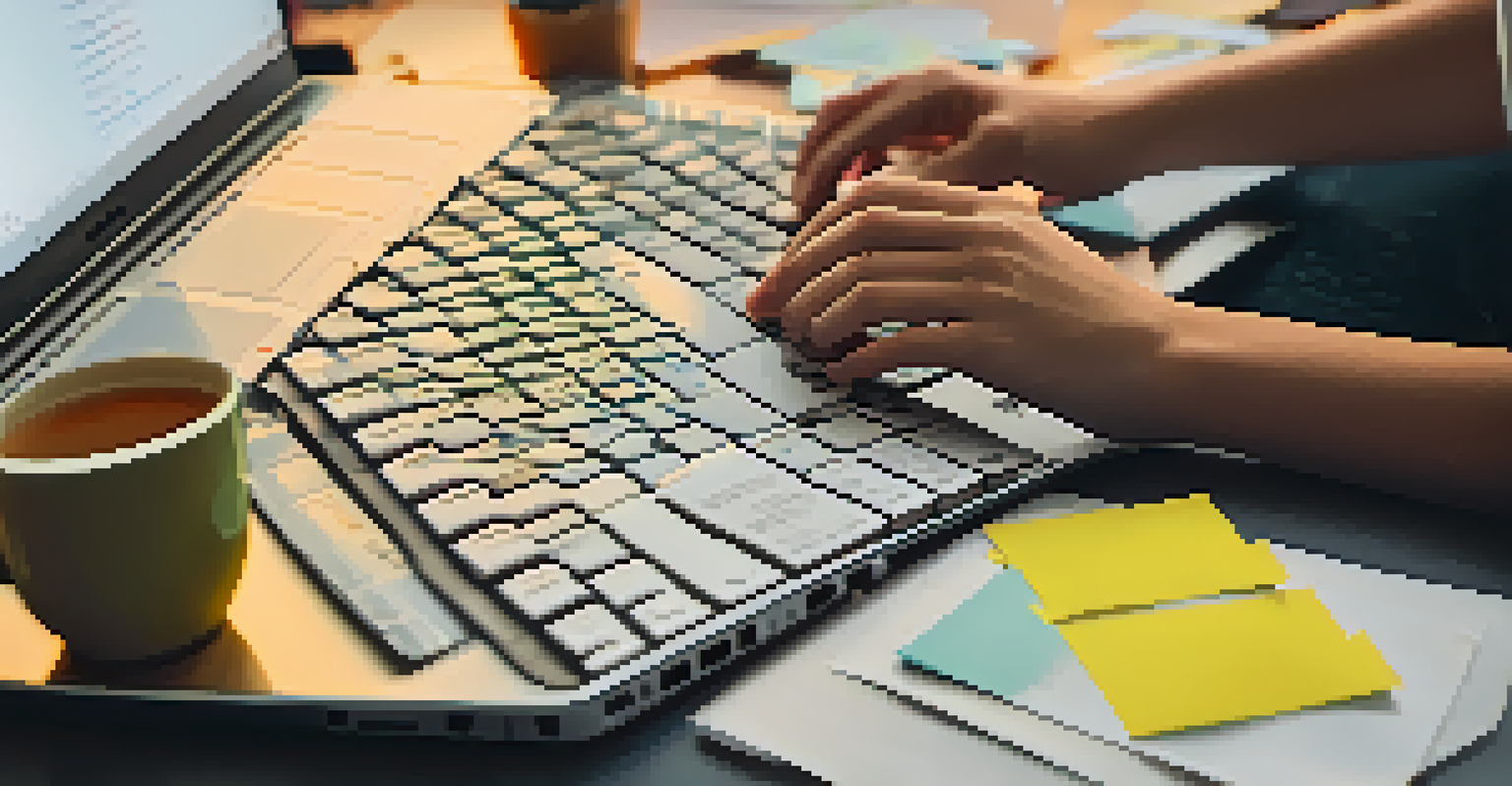 A student's hands on a keyboard surrounded by sticky notes with personal goals and emotional reflections in a cozy study space.
