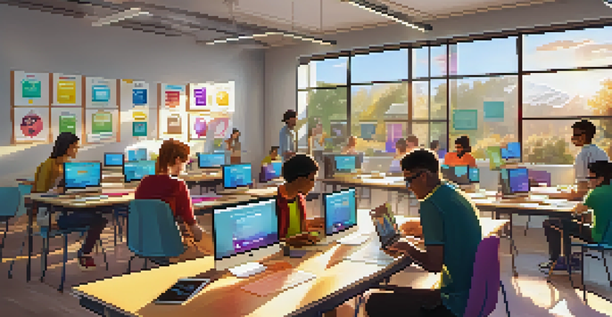 A lively classroom with diverse students working together on laptops during a digital badge workshop, with colorful decorations and sunlight pouring in.