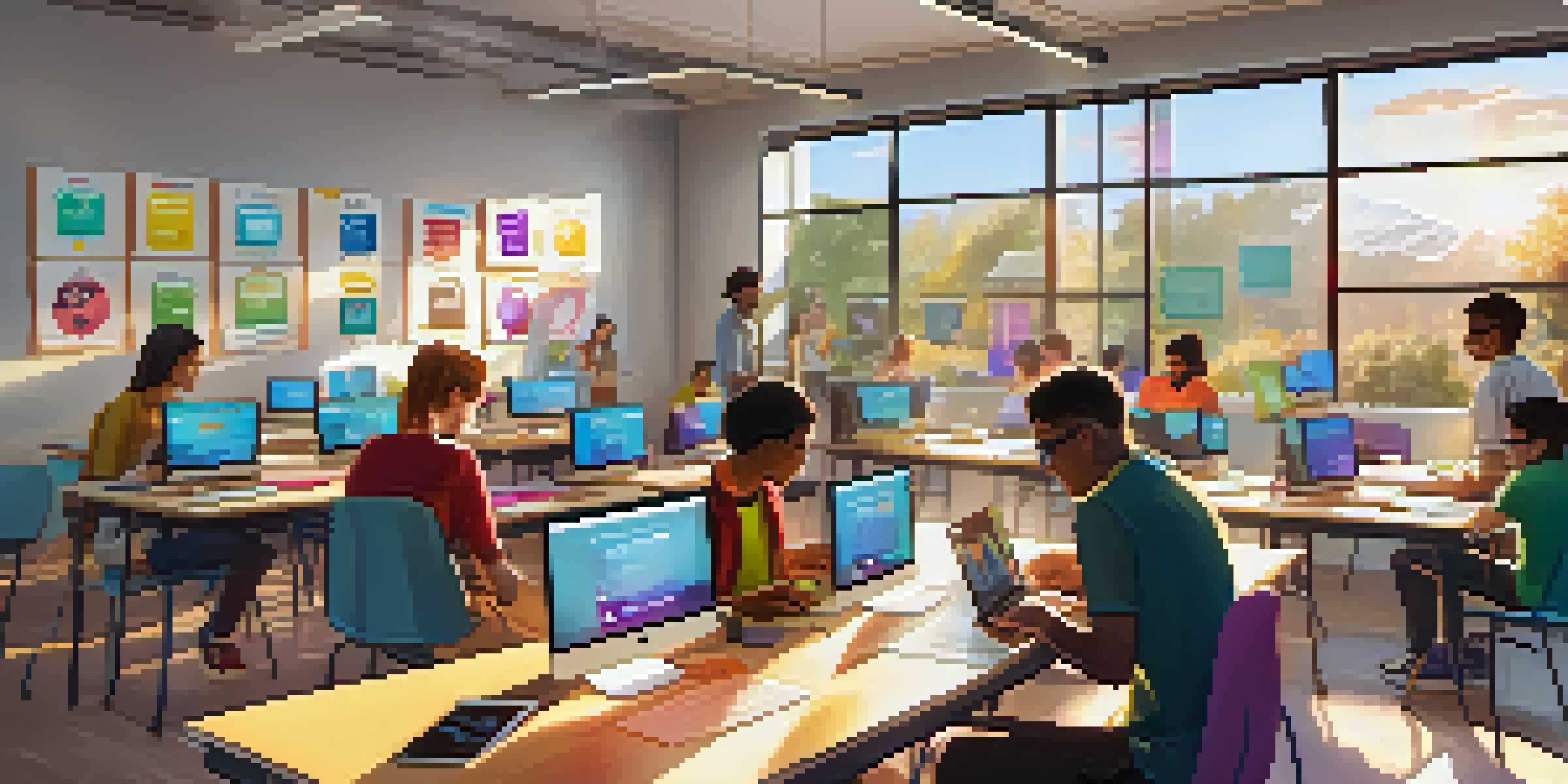 A lively classroom with diverse students working together on laptops during a digital badge workshop, with colorful decorations and sunlight pouring in.