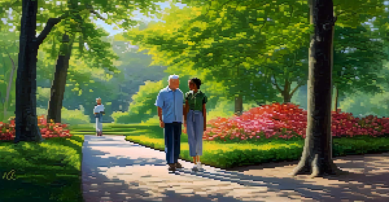 A mentor and mentee walking together in a sunny park, engaging in a supportive conversation amidst nature.