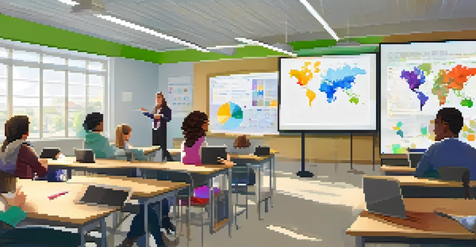 A vibrant classroom where students are actively using laptops to work on learning analytics, with charts and graphs displayed on digital screens.
