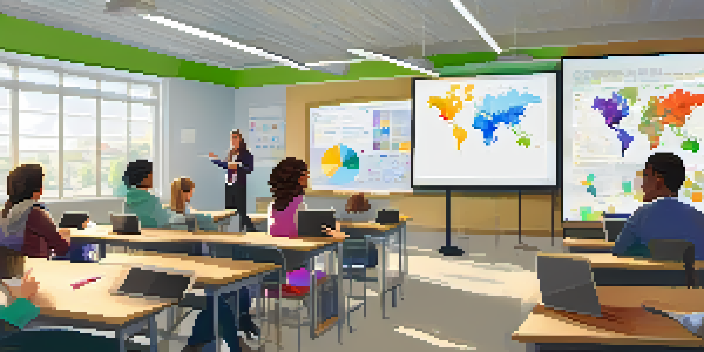 A vibrant classroom where students are actively using laptops to work on learning analytics, with charts and graphs displayed on digital screens.