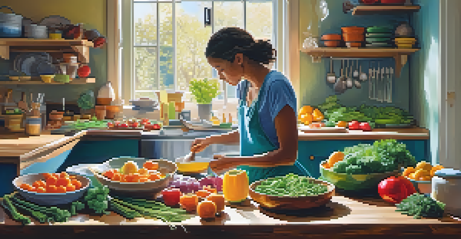A person preparing a healthy meal in a bright kitchen, with fresh vegetables and fruits on the countertop.