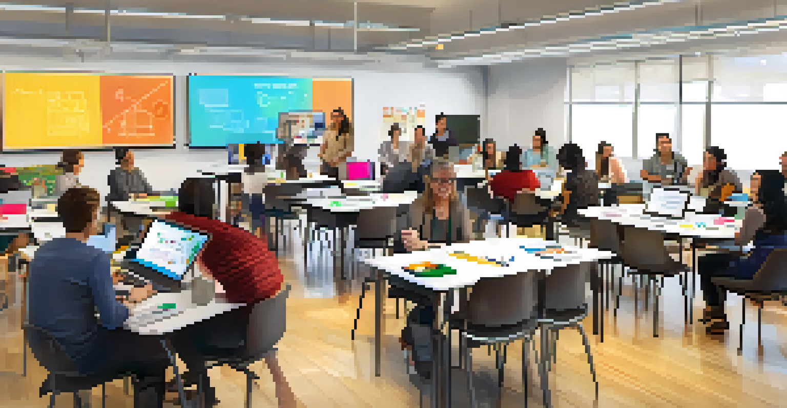 Educators from diverse backgrounds collaborating in a workshop to integrate technology into play-based learning, surrounded by digital tools.