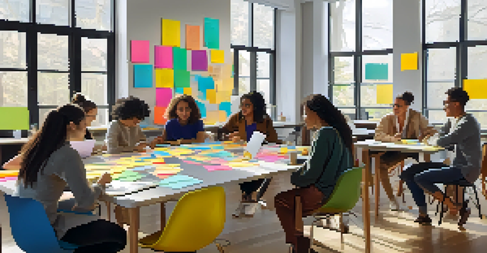 A diverse group of students collaborating at a table with laptops and notebooks, surrounded by colorful sticky notes in a bright classroom.
