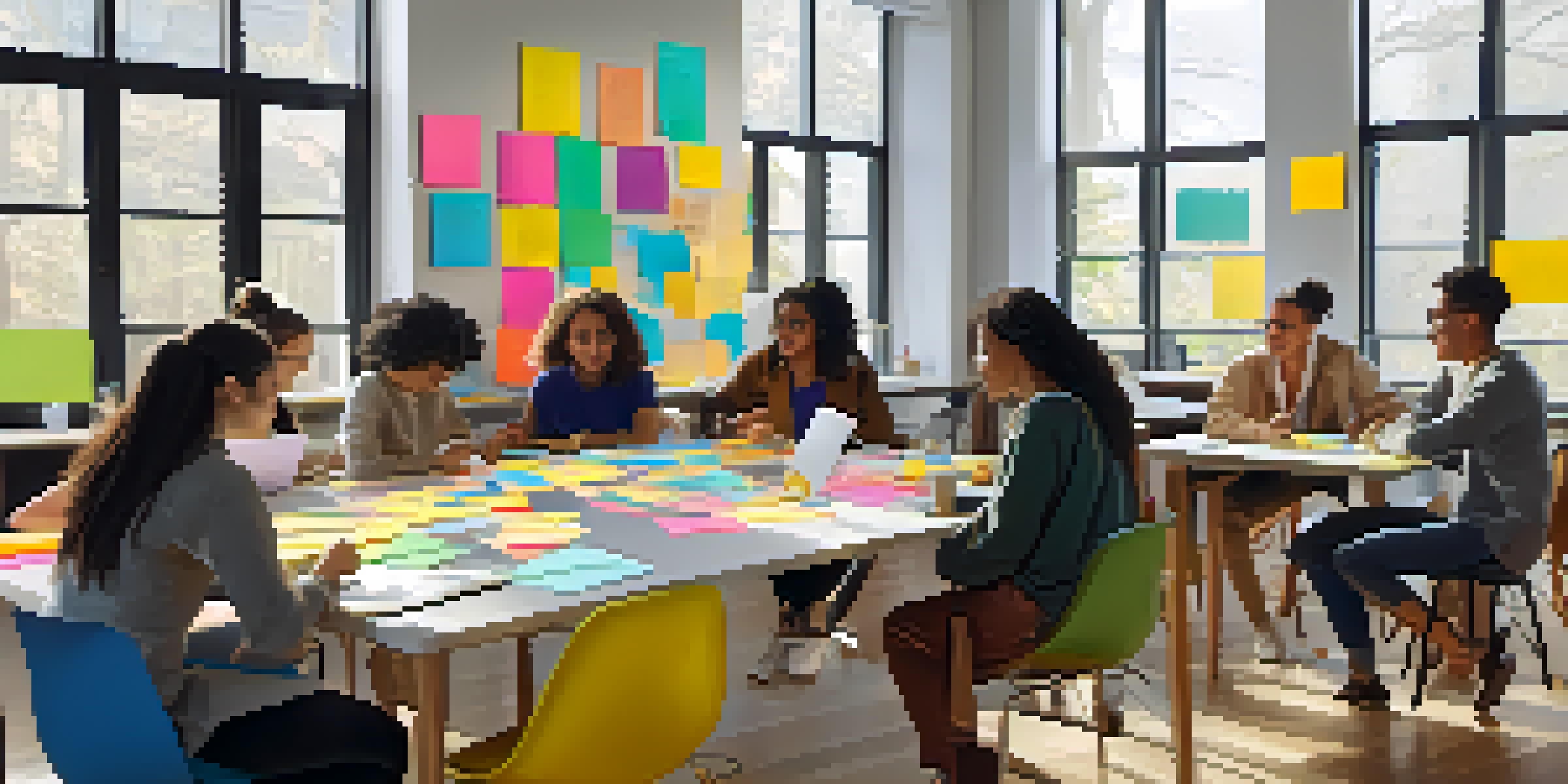 A diverse group of students collaborating at a table with laptops and notebooks, surrounded by colorful sticky notes in a bright classroom.