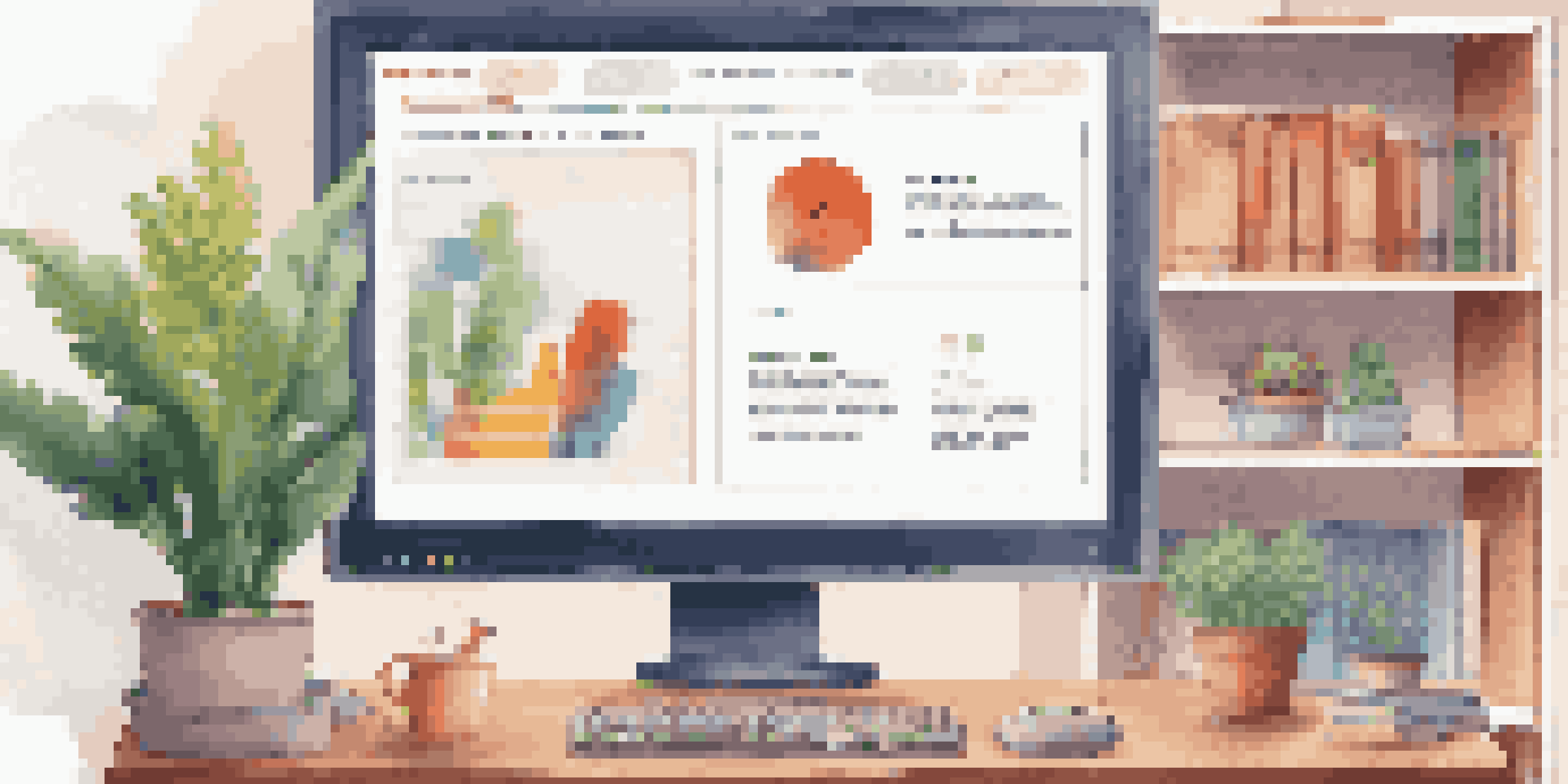 A close-up of a computer screen showing a gamified training module in a cozy home office.