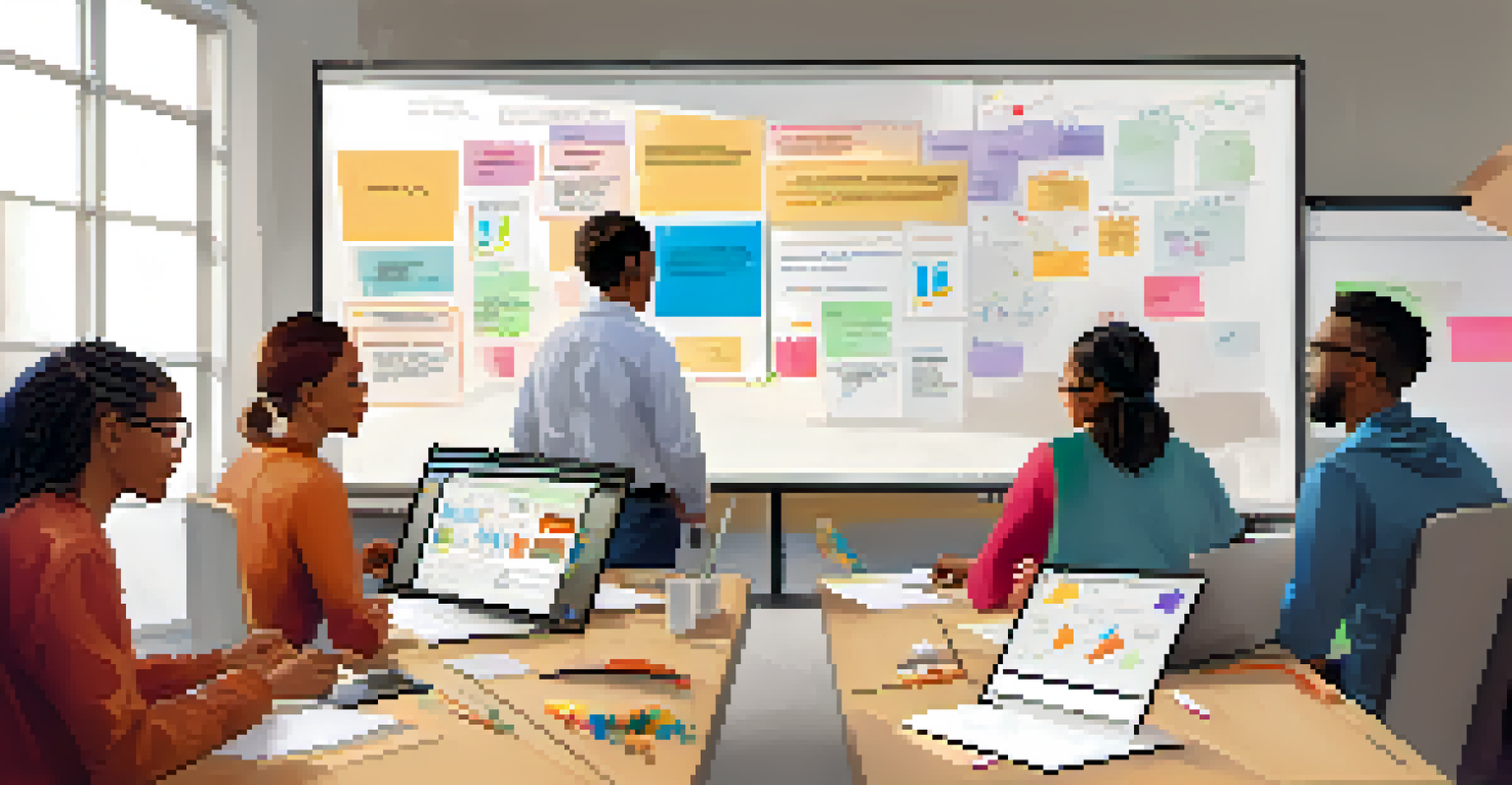 A group of adult learners collaborating on a team project, surrounded by colorful notes and laptops, in a warm and inviting learning environment.