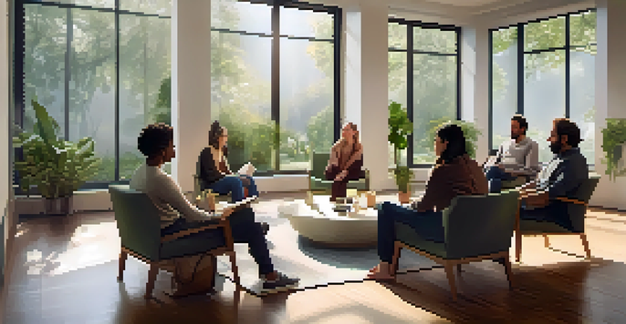 A diverse group of individuals sitting in a circle in a cozy room, deeply engaged in a mindful discussion under soft natural light.