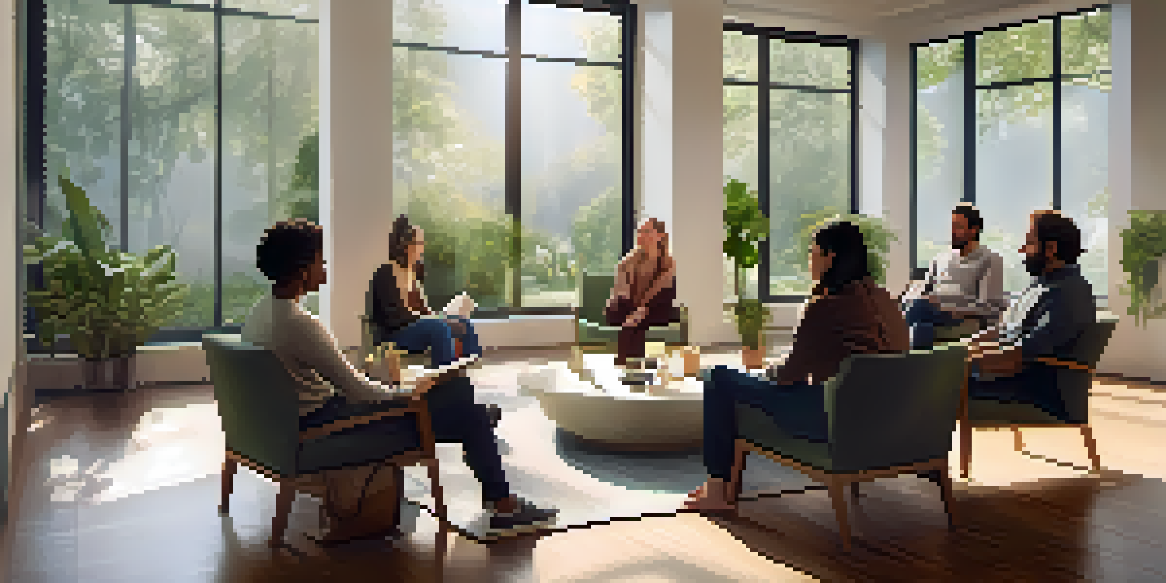 A diverse group of individuals sitting in a circle in a cozy room, deeply engaged in a mindful discussion under soft natural light.