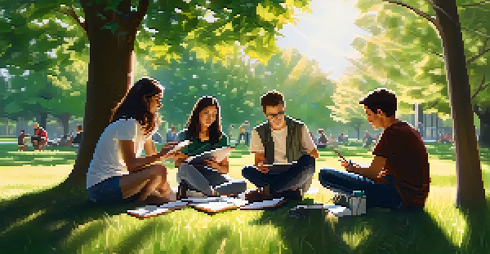 Students collaborating on a project in a park, sitting on the grass surrounded by trees and sunlight.