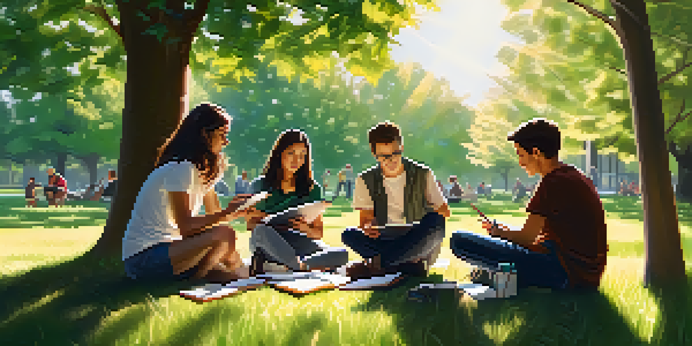 Students collaborating on a project in a park, sitting on the grass surrounded by trees and sunlight.