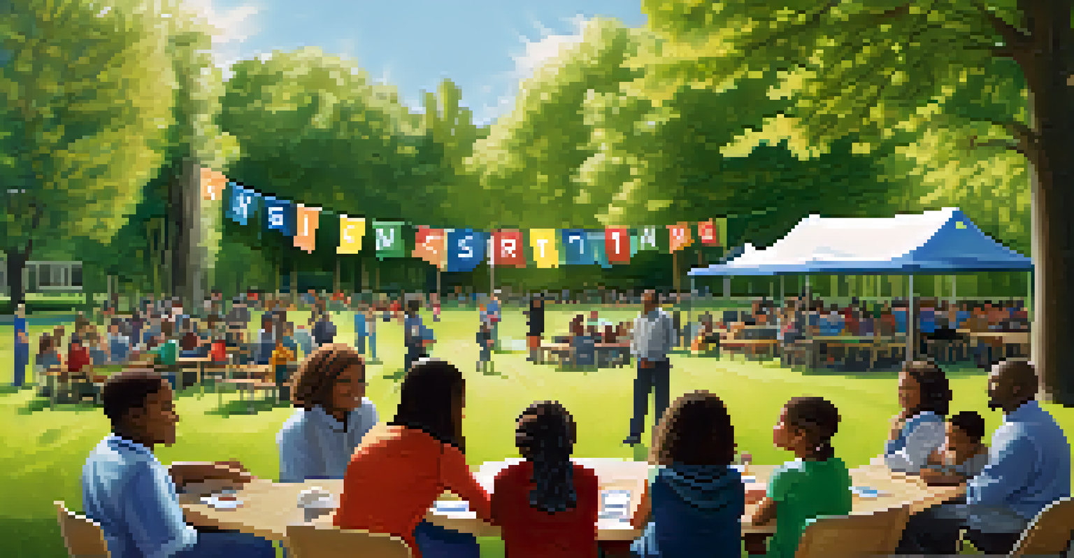Community meeting in a park discussing educational equity, with activists and parents gathered around a table.