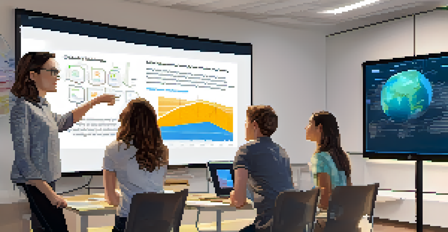 Students participating in a virtual classroom discussing a climate change project, with various educational materials displayed on their screens.