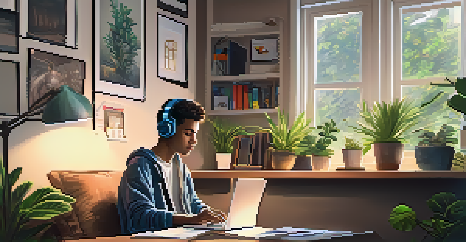 A student engaged in a breakout room during a video conference, with a cozy study setup and plants in the background.