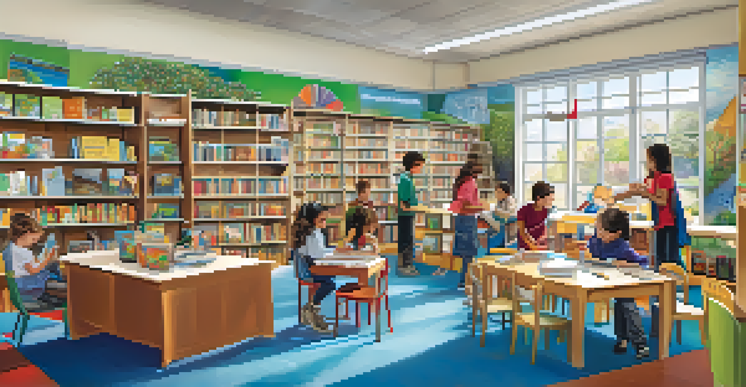 A lively community library where children and parents engage in learning activities and explore books together.