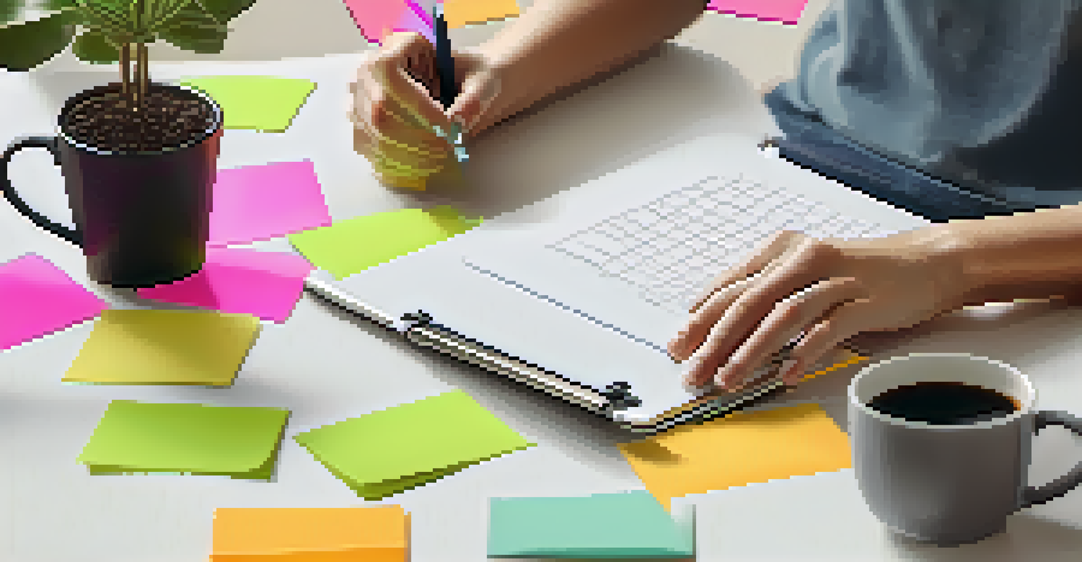 Hands typing on a laptop with sticky notes, a to-do list, a potted plant, and a coffee mug, depicting a productive workspace.
