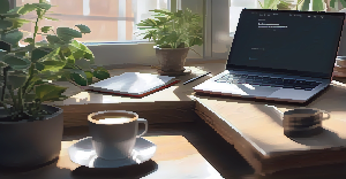 A peaceful workspace with a wooden desk, an open laptop, indoor plants, a reflection journal, and a cup of coffee in soft natural light.