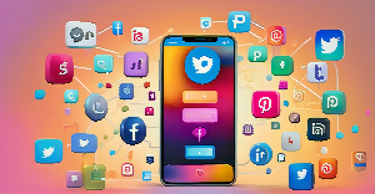 A smartphone surrounded by colorful social media post icons, likes, and comments, set against a soft gradient background.